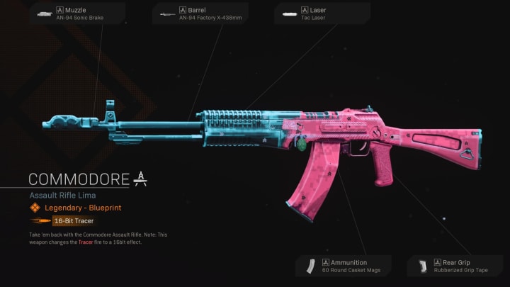 The Commodore AN-94 Blueprint in Warzone gives a unique 16-bit effect to tracer rounds. The Commodore AN-94 Blueprint in Warzone gives a unique 16-bit effect to tracer rounds.