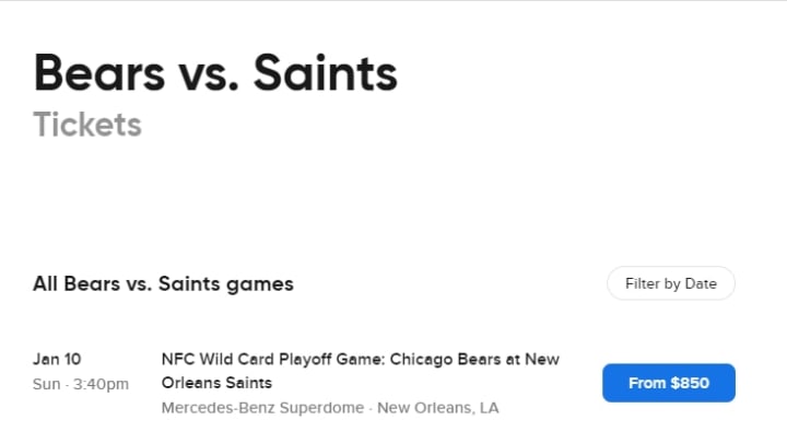 The lowest ticket price for Bears vs Saints is $850.