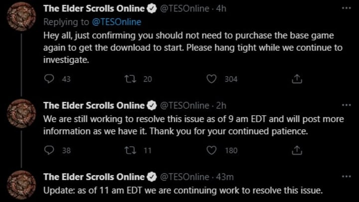 Collection of tweets about the PS5 disc error from the official @TESOnline account