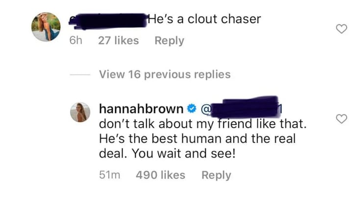 Hannah defends Matt in her comments
