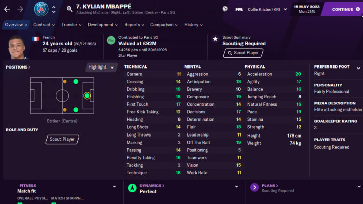 Profil de Kylian Mbappé en mai 2023 sur FM21. 