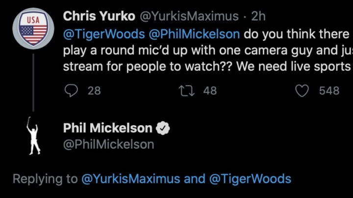 A random golf fan asked for Phil Mickelson and Tiger Woods to play a round of golf mic'd up. Mickelson responded and gave him some hope.