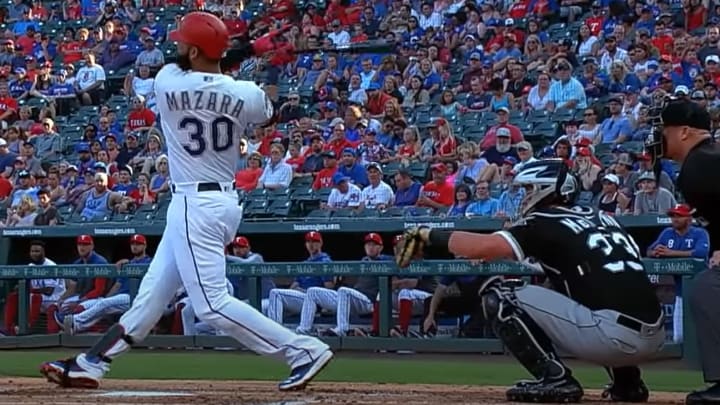 Video of Nomar Mazara hitting the longest home run of the 2019 MLB season.