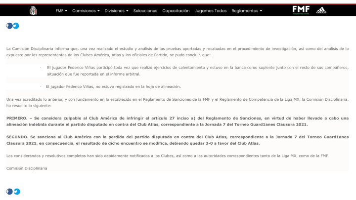 Resolución del proceso de investigación por los hechos acontecidos en el partido Atlas vs. América 