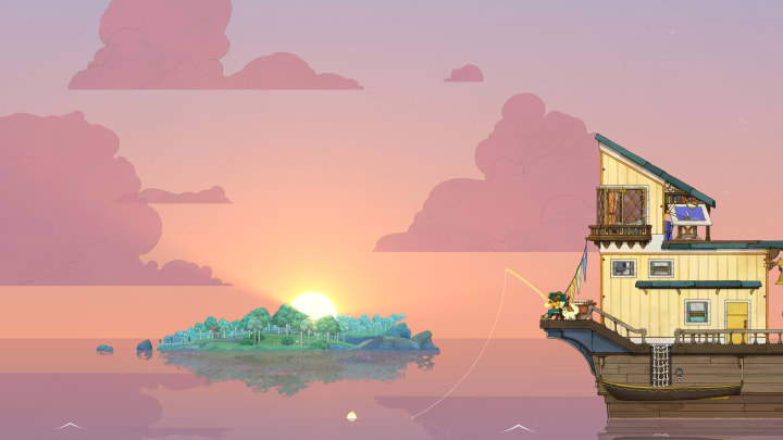 Fishing is one of many activities players will perform as they travel Spiritfarer's warm world.
