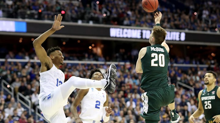 WASHINGTON, DC – MARCH 31: Matt McQuaid #20 of the Michigan State Spartans shoots the ball against Javin DeLaurier #12 of the Duke Blue Devils during the second half in the East Regional game of the 2019 NCAA Men’s Basketball Tournament at Capital One Arena on March 31, 2019 in Washington, DC. (Photo by Rob Carr/Getty Images)