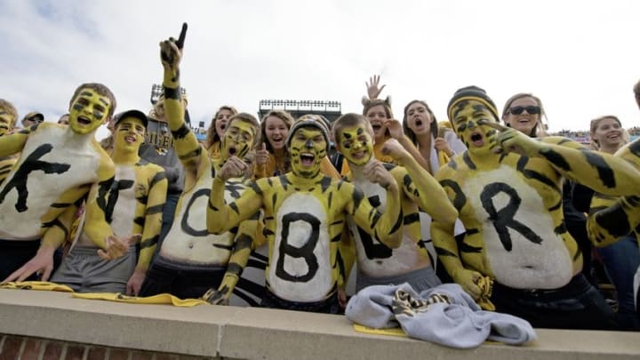Oct 3, 2015; Columbia, MO, USA; Fans cheer during the game between the Missouri Tigers and the South Carolina Gamecocks at Faurot Field. Mandatory Credit: Jasen Vinlove-USA TODAY Sports