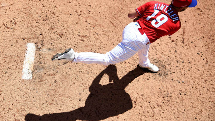 CLEARWATER, FLORIDA - MARCH 04: Brandon Kintzler #19 of the Philadelphia Phillies warms up in the bullpen during in the fourth inning against the New York Yankees in a spring training game at BayCare Ballpark on March 04, 2021 in Clearwater, Florida. (Photo by Mark Brown/Getty Images)
