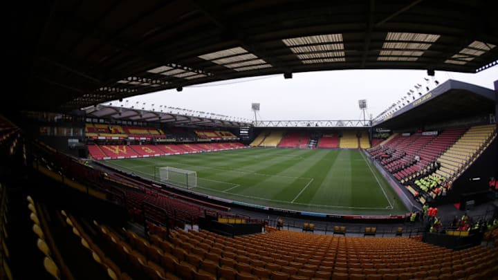 WATFORD, ENGLAND - DECEMBER 15: General view inside the stadium prior to the Premier League match between Watford FC and Cardiff City at Vicarage Road on December 15, 2018 in Watford, United Kingdom. (Photo by Richard Heathcote/Getty Images)