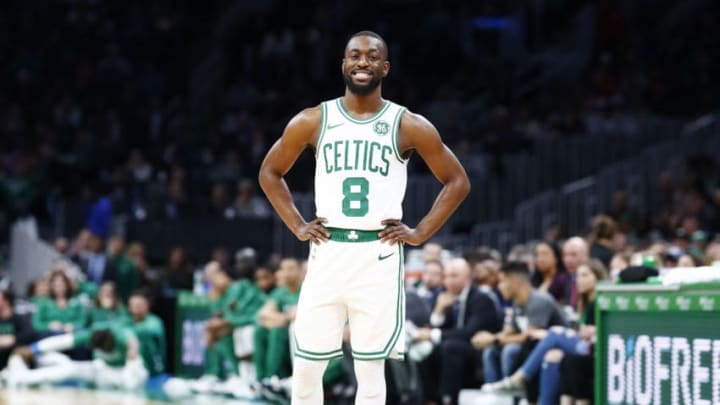 BOSTON, MASSACHUSETTS - OCTOBER 06: Kemba Walker #8 of the Boston Celtics reacts during the first quarter of the game against the Charlotte Hornets at TD Garden on October 06, 2019 in Boston, Massachusetts. NOTE TO USER: User expressly acknowledges and agrees that, by downloading and or using this photograph, User is consenting to the terms and conditions of the Getty Images License Agreement. (Photo by Omar Rawlings/Getty Images)
