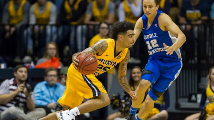 MURRAY, KY - NOVEMBER 13: Murray State guard Byron Hawkins (25) drives on Middle Tennessee guard Therren Shelton-Szmidt (12) during the college basketball game between the Murray State Racers and Middle Tennessee Blue Raiders on November 13, 2017 at the CFSB Center in Murray, KY. (Photo by Stephen Furst/Icon Sportswire via Getty Images)