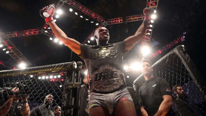 INGLEWOOD, CA - DECEMBER 29: Jon Jones celebrates after defeating Alexander Gustafsson of Sweden in their light heavyweight bout during the UFC 232 event inside The Forum on December 29, 2018 in Inglewood, California. (Photo by Christian Petersen/Zuffa LLC/Zuffa LLC via Getty Images)