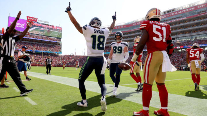 Freddie Swain #18 of the Seattle Seahawks celebrates against the San Francisco 49ers (Photo by Ezra Shaw/Getty Images)
