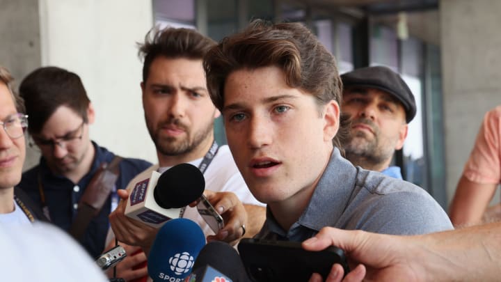 NASHVILLE, TENNESSEE – JUNE 27: NHL prospect Ryan Leonard speaks with the media at a press availability at AllianceBernstein Tower on June 27, 2023 in Nashville, Tennessee. (Photo by Bruce Bennett/Getty Images)