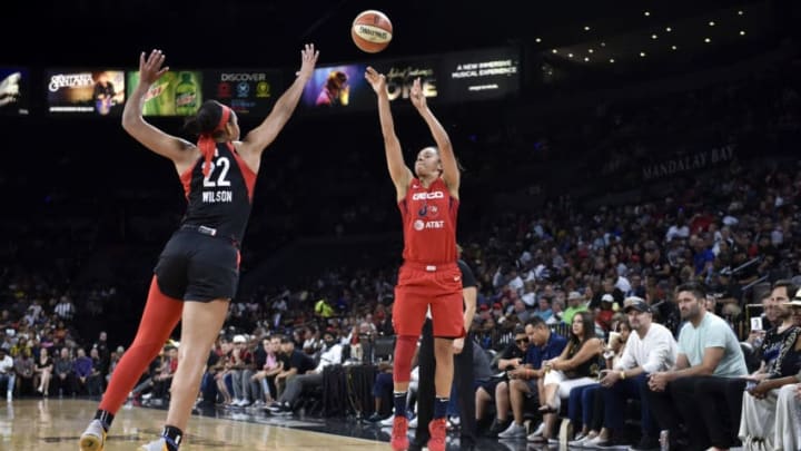 LAS VEGAS, NV - JULY 5: Kristi Toliver #20 of the Washington Mystics shoots the ball against the Las Vegas Aces on July 5, 2019 at the Mandalay Bay Events Center in Las Vegas, Nevada. NOTE TO USER: User expressly acknowledges and agrees that, by downloading and/or using this photograph, user is consenting to the terms and conditions of the Getty Images License Agreement. Mandatory Copyright Notice: Copyright 2019 NBAE (Photo by David Becker/NBAE via Getty Images)