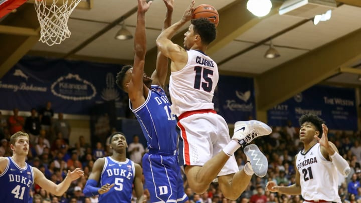 LAHAINA, HI – NOVEMBER 21: Brandon Clarke #15 of the Gonzaga Bulldogshangs in the air before shooting over Javin DeLaurier #12 of the Duke Blue Devils during the second half of the game at the Lahaina Civic Center on November 21, 2018 in Lahaina, Hawaii. (Photo by Darryl Oumi/Getty Images)