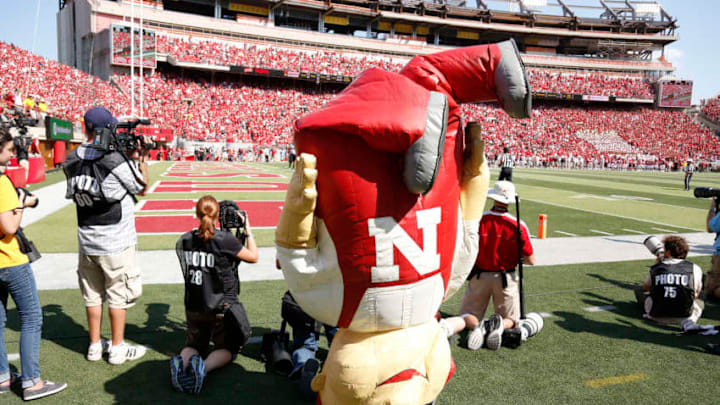 LINCOLN, NE - SEPTEMBER 01: Nebraska Cornhuskers mascot jokes around on the sideline behind photographers during the game against the Southern Miss Golden Eagles at Memorial Stadium on September 1, 2012 in Lincoln, Nebraska. The Cornhuskers won 49-20. (Photo by Joe Robbins/Getty Images)