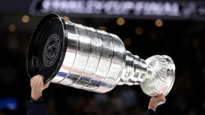BOSTON, MASSACHUSETTS - JUNE 12: The Stanley cup is hoisted after the St. Louis Blues defeated Boston Bruins in Game Seven of the 2019 NHL Stanley Cup Final at TD Garden on June 12, 2019 in Boston, Massachusetts. (Photo by Patrick Smith/Getty Images)