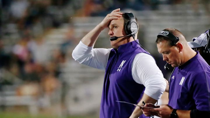 Sep 3, 2021; Evanston, Illinois, USA; Northwestern Wildcats head coach Pat Fitzgerald reacts after a play against the Michigan State Spartans during the fourth quarter at Ryan Field. Mandatory Credit: Jon Durr-USA TODAY Sports