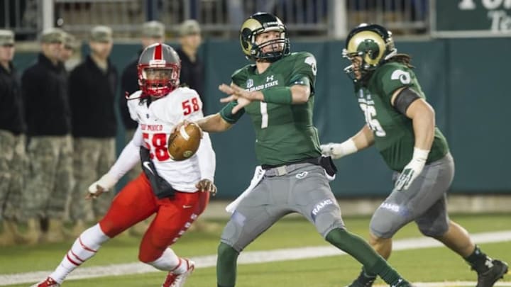 Nov 19, 2016; Fort Collins, CO, USA; Colorado State Rams quarterback Nick Stevens (7) throws from his end zone against the New Mexico Lobos at Hughes Stadium. This is the final game played in Hughes Stadium, which opened in 1968. Mandatory Credit: Daniel Brenner/The Coloradoan via USA TODAY NETWORK