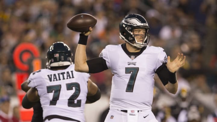 PHILADELPHIA, PA - AUGUST 09: Nate Sudfeld #7 of the Philadelphia Eagles throws a pass in the second quarter against the Pittsburgh Steelers during the preseason game at Lincoln Financial Field on August 9, 2018 in Philadelphia, Pennsylvania. (Photo by Mitchell Leff/Getty Images)