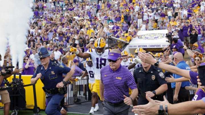 Sep 17, 2022; Baton Rouge, Louisiana, USA; LSU Tigers head coach Brian Kelly leads the team to the field against the Mississippi State Bulldogs during the first half at Tiger Stadium. Mandatory Credit: Stephen Lew-USA TODAY Sports