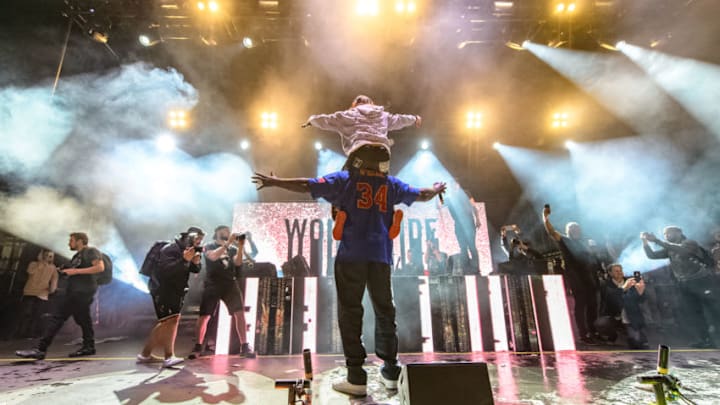 MIAMI, FL - MARCH 23: Shaquille O'neal and Steve Aoki on stage during Miami Music Week Miami 2018 - Dim Mak Miami at RC Cola Plant on March 23, 2018 in Miami, Florida. (Photo by Jason Koerner/Getty Images)