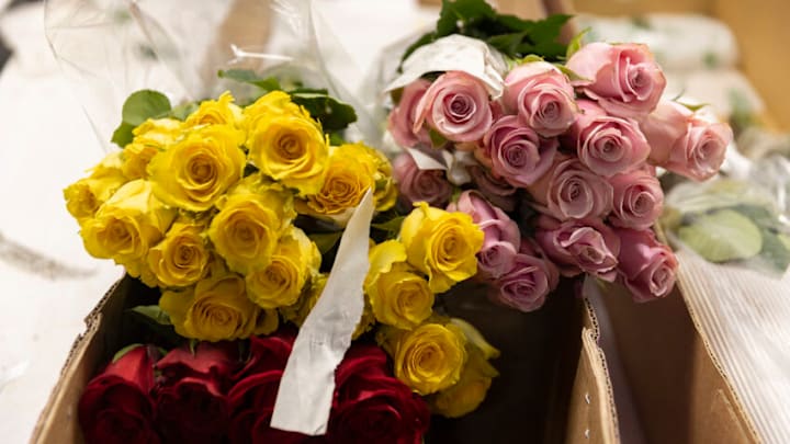 MIAMI, FLORIDA - FEBRUARY 08: Flowers rest on a table as U.S. Customs and Border Protection Agriculture Specialists inspect them for foreign pests or diseases in the Avianca Cargo Warehouse at Miami International Airport on February 08, 2022 in Miami, Florida. As Valentine's Day approaches, MIA expects an average of 300,000 flower stems to be imported daily. (Photo by Joe Raedle/Getty Images)