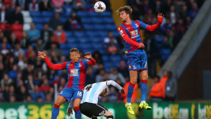 LONDON, ENGLAND - AUGUST 25: Ryan Woods of Shrewsbury Town is crowded out by Dwight Gayle and Patrick Bamford of Crystal Palace during the Capital One Cup match between Crystal Palace and Shrewsbury Town at Selhurst Park on August 25, 2015 in London, England. (Photo by Catherine Ivill - AMA/Getty Images)