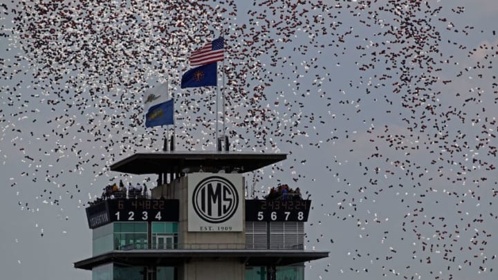 INDIANAPOLIS, IN - JULY 31: Balloons are launched in the air past the pagoda prior to the start of the NASCAR Sprint Cup Series Brickyard 400 at Indianapolis Motor Speedway on July 31, 2011 in Indianapolis, Indiana. (Photo by Chris Graythen/Getty Images)