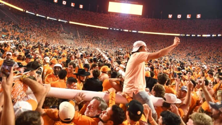 Fans move the goal post across the field after Tennessee's 52-49 win over Alabama.Syndication The Knoxville News Sentinel