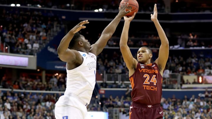 WASHINGTON, DC - MARCH 29: Kerry Blackshear Jr. #24 of the Virginia Tech Hokies shoots the ball against Zion Williamson #1 of the Duke Blue Devils during the first half in the East Regional game of the 2019 NCAA Men's Basketball Tournament at Capital One Arena on March 29, 2019 in Washington, DC. (Photo by Patrick Smith/Getty Images)