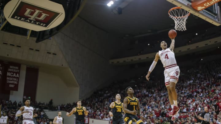 BLOOMINGTON, IN - FEBRUARY 13: Trayce Jackson-Davis #4 of the Indiana Hoosiers goes up for a dunk during the game against the Iowa Hawkeyes at Assembly Hall on February 13, 2020 in Bloomington, Indiana. (Photo by Michael Hickey/Getty Images)