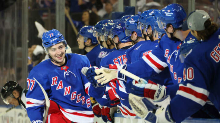 NEW YORK, NEW YORK - MAY 05: Frank Vatrano #77 of the New York Rangers celebrates his third period goal against the Pittsburgh Penguins in Game Two of the First Round of the 2022 Stanley Cup Playoffs at Madison Square Garden on May 05, 2022 in New York City. The Rangers defeated the Penguins 5-2. (Photo by Bruce Bennett/Getty Images)