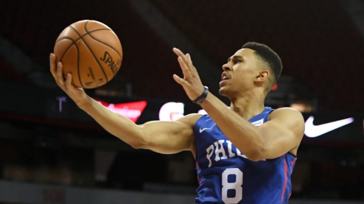 LAS VEGAS, NEVADA - JULY 05: Zhaire Smith #8 of the Philadelphia 76ers drives to the basket against the Milwaukee Bucks during the 2019 NBA Summer League at the Thomas & Mack Center on July 5, 2019 in Las Vegas, Nevada. The 76ers defeated the Bucks 107-106. NOTE TO USER: User expressly acknowledges and agrees that, by downloading and or using this photograph, User is consenting to the terms and conditions of the Getty Images License Agreement. (Photo by Ethan Miller/Getty Images)