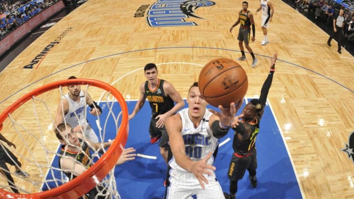 ORLANDO, FL - DECEMBER 6: Aaron Gordon #00 of the Orlando Magic shoots the ball against the Atlanta Hawks on December 6, 2017 at Amway Center in Orlando, Florida. NOTE TO USER: User expressly acknowledges and agrees that, by downloading and or using this photograph, User is consenting to the terms and conditions of the Getty Images License Agreement. Mandatory Copyright Notice: Copyright 2017 NBAE (Photo by Fernando Medina/NBAE via Getty Images)