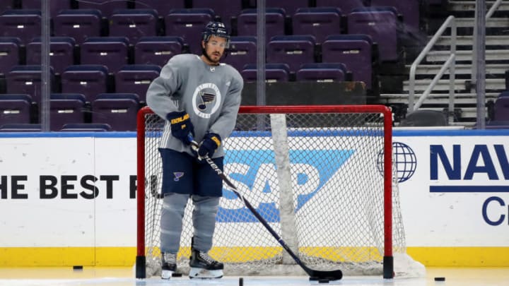 ST LOUIS, MISSOURI - MAY 31: Michael Del Zotto #42 of the St. Louis Blues looks on during a practice session ahead of Game Three of the 2019 NHL Stanley Cup Final at Enterprise Center on May 31, 2019 in St Louis, Missouri. (Photo by Bruce Bennett/Getty Images)