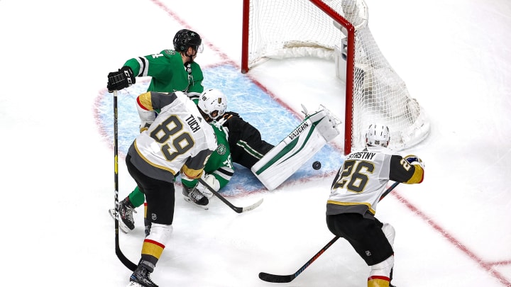 Anton Khudobin #35 of the Dallas Stars stops a shot by Alex Tuch #89 of the Vegas Golden Knights