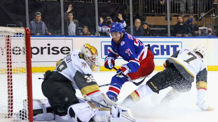 NEW YORK, NEW YORK - DECEMBER 17: Filip Chytil #72 of the New York Rangers skates against the Vegas Golden Knights at Madison Square Garden on December 17, 2021 in New York City. The Golden Knights defeated the Rangers 3-2 in the shootout. (Photo by Bruce Bennett/Getty Images)