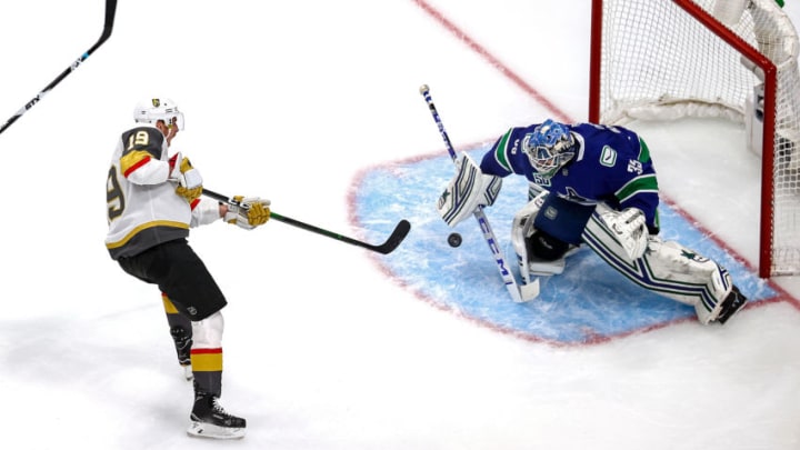 Reilly Smith #19 of the Vegas Golden Knights attempts a shot on Thatcher Demko #35 of the Vancouver Canucks during the first period in Game Six of the Western Conference Second Round. (Photo by Bruce Bennett/Getty Images)