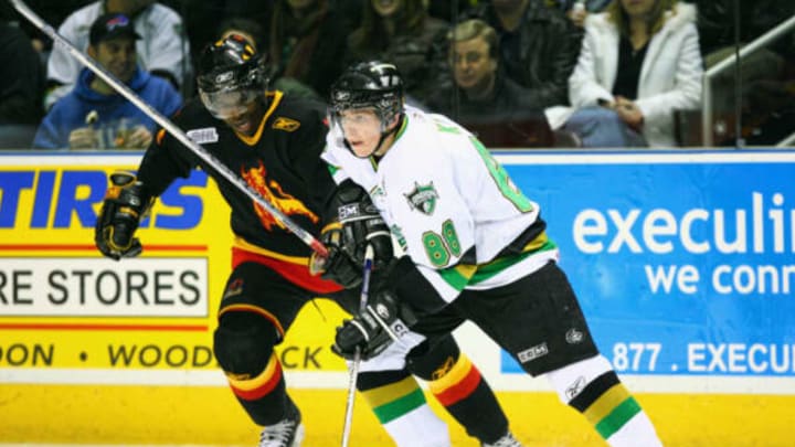 LONDON, ON – JANUARY 19: Patrick Kane #88 of the London Knights skates with the puck as PK Subban #6 of the Belleville Bulls follows during OHL game action at John Labatt Centre on January 19, 2007 in London, Canada. (Photo by Tom Szczerbowski/Getty Images)