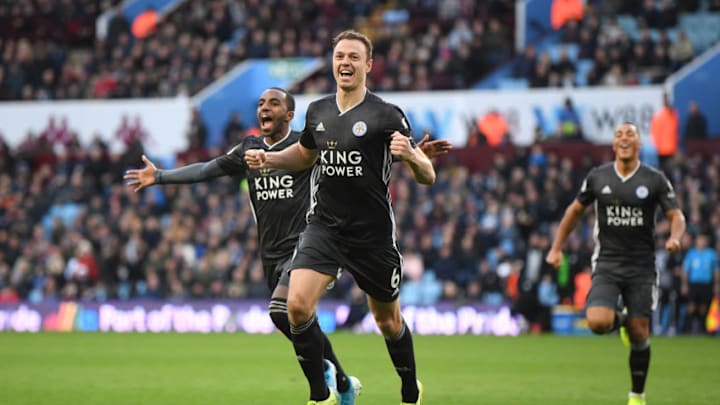 BIRMINGHAM, ENGLAND - DECEMBER 08: Jonny Evans of Leicester City celebrates after scoring his team's third goal during the Premier League match between Aston Villa and Leicester City at Villa Park on December 08, 2019 in Birmingham, United Kingdom. (Photo by Michael Regan/Getty Images)