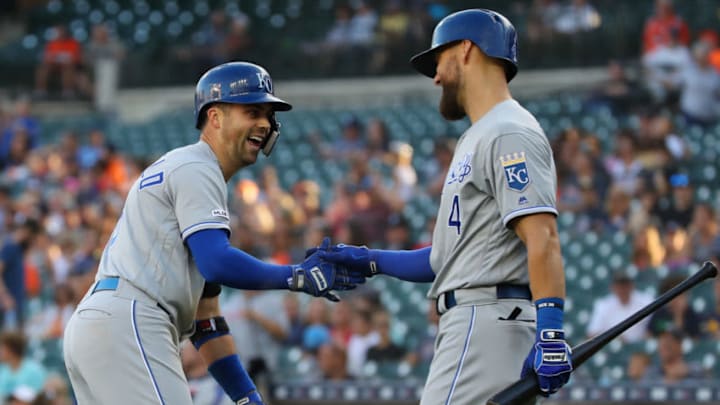 DETROIT, MICHIGAN - AUGUST 09: Whit Merrifield #15 of the Kansas City Royals celebrates his first inning inside the park home run with Alex Gordon #4 while playing the Detroit Tigers at Comerica Park on August 09, 2019 in Detroit, Michigan. (Photo by Gregory Shamus/Getty Images)