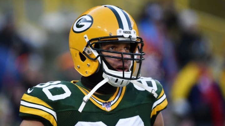 GREEN BAY, WISCONSIN - DECEMBER 15: Jimmy Graham #80 of the Green Bay Packers warms up before the game against the Chicago Bears at Lambeau Field on December 15, 2019 in Green Bay, Wisconsin. (Photo by Quinn Harris/Getty Images)