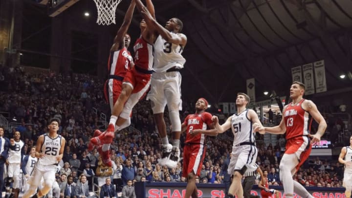 INDIANAPOLIS, IN - NOVEMBER 16: Kamar Baldwin #3 of the Butler Bulldogs shoots the ball against Breein Tyree #4 of the Mississippi Rebels at Hinkle Fieldhouse on November 16, 2018 in Indianapolis, Indiana. (Photo by Michael Hickey/Getty Images)