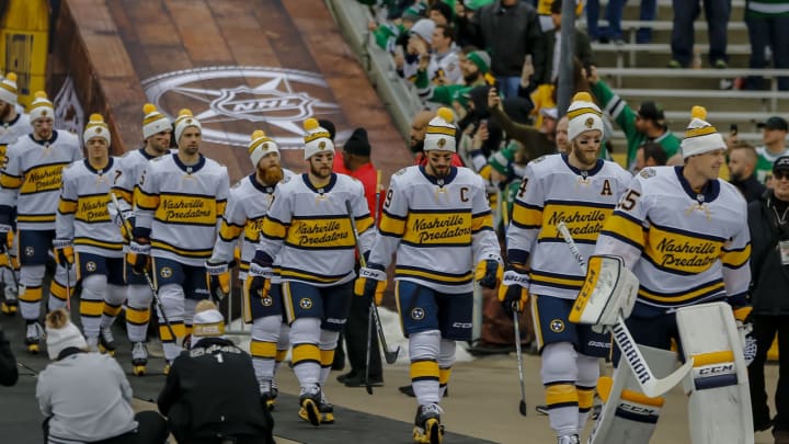 DALLAS, TX – JANUARY 01: The Nashville Predators walk towards the ice before warm ups before the game between the Dallas Stars and the Nashville Predators on January 1, 2020 at the Cotton Bowl in Dallas, Texas. (Photo by Matthew Pearce/Icon Sportswire via Getty Images)