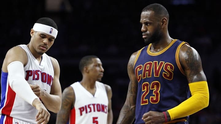 Apr 24, 2016; Auburn Hills, MI, USA; Cleveland Cavaliers forward LeBron James (23) pumps his fist during the second quarter against the Detroit Pistons in game four of the first round of the NBA Playoffs at The Palace of Auburn Hills. Mandatory Credit: Raj Mehta-USA TODAY Sports