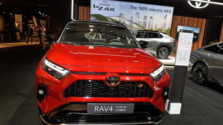 BRUSSELS, BELGIUM - JANUARY 13: The Toyota Rav4 is shown at Brussels Expo on January 13, 2023 in Brussels, Belgium. The 100th edition of the Brussels Motor Show will be the scene of several automobile unveilings, as well as hosting the Car Of The Year election. (Photo by Didier Messens/Getty Images)