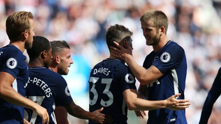 NEWCASTLE UPON TYNE, ENGLAND - AUGUST 13: Ben Davies of Tottenham Hotspur celebrates scoring his sides second goal with Eric Dier of Tottenham Hotspur during the Premier League match between Newcastle United and Tottenham Hotspur at St. James Park on August 13, 2017 in Newcastle upon Tyne, England. (Photo by Alex Livesey/Getty Images)