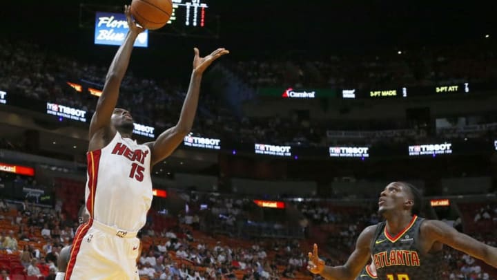 Miami Heat forward Okaro White goes to the basket against Atlanta Hawks forward Taurean Prince during the second quarter of an NBA preseason basketball game on Sunday, Oct. 1, 2017 at the AmericanAirlines Arena in Miami, Fla. (David Santiago/Miami Herald/TNS via Getty Images)